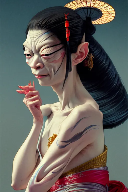 Prompt: clear portrait of gollum dressed as a japanese geisha, background hyper detailed, character concept, full body, dynamic pose, glowing lights, intricate, elegant, highly detailed, digital painting, artstation, concept art, smooth, sharp focus, illustration, art by artgerm and greg rutkowski and alphonse mucha