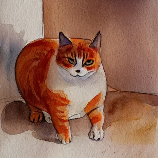 Image similar to A fat, cute orange cat in a beautiful room, cozy, watercolor on paper by ANNA LEA HUCHT, details, lights, beautiful