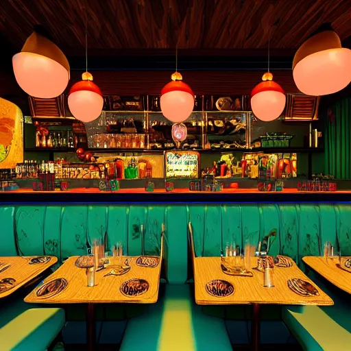 Image similar to retro restaurant, iridescent, mood lighting, 8 k, cinematic