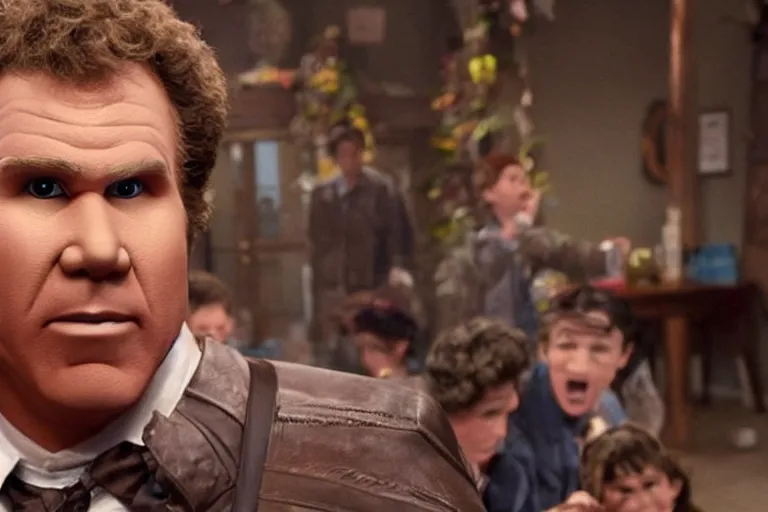 Image similar to will ferrell as an exaggerated caricature of a children in the new movie directed by quentin tarantino, movie still frame, promotional image, critically condemned, top 6 worst movie ever imdb list, symmetrical shot, idiosyncratic, relentlessly detailed, limited colour palette