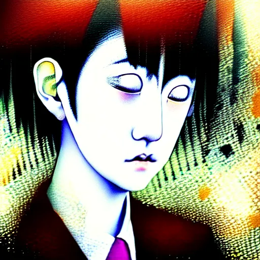 Image similar to yoshitaka amano blurred and dreamy realistic three quarter angle portrait of a young woman with short hair and black eyes wearing office suit with tie, junji ito abstract patterns in the background, satoshi kon anime, noisy film grain effect, highly detailed, renaissance oil painting, weird portrait angle, blurred lost edges