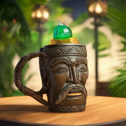 Image similar to a photorealistic photograph of a Trader Vic's tiki mug featuring Jane Seymour at a Tiki bar daybreak- Trending on Artstation, featured on Behance, well-rendered, Unreal Engine, 4K HD