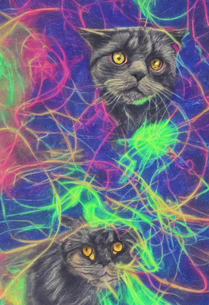 Prompt: cfa champion dark tortie scottish fold cat, stalkimg preyl, data visualization perfect geometry bezier mathematical diagrams hologram overlay revealing sparrows flight trajectory calculation, detailed annotated painting, grisaille dark monochrome with neon fluorescent color airbrush spraypaint accents, by jules julien, wes anderson, hannah af klint, risograph 4 k