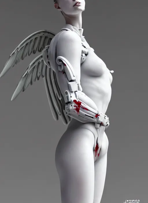 Image similar to a statue made of white marble covered in blood, of an gorgeous futuristic cybernetic angel girl, prostheses, transhumanism, full body shot, perfect symmetrical body, perfect symmetrical face, hyper realistic, hyper detailed, by johannen voss, by peter kemp, by monia merlo, by michelangelo, octane render, blender, 8 k