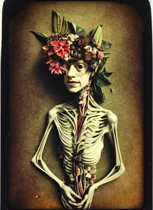 Image similar to beautiful and detailed rotten woman made of plants and many different types of flowers, muscles, intricate, organs, ornate, surreal, john constable, guy denning, dan hillier, manera, caravaggio, 1 9 1 0 polaroid photo