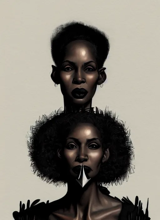 Prompt: portrait of a black woman with a crooked nose and a confident expression, 1 9 6 0 s, black clothes, goth, punk, funk, intricate, elegant, highly detailed, digital painting, artstation, concept art, smooth, sharp focus, illustration, art by wlop, mars ravelo and greg rutkowski