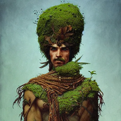 Image similar to Rootpunk Physique Portrait of a Shaman Guy wearing an ivy costume lichen disguised as a human standing atop a red clay pot greg rutkowski jen bartel peter mohrbacher anna podedworna arthur rackham salvador dali octavio ocampo jacek yerka winslow homer norman rockwell uta natsume prismacolor tombow quill