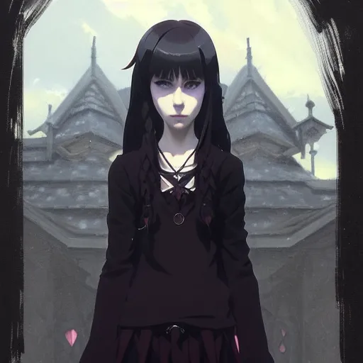 Prompt: portrait of goth girl, finely detailed features, perfect art, trending on pixiv fanbox, painted by greg rutkowski makoto shinkai takashi takeuchi studio ghibli, akihiko yoshida,