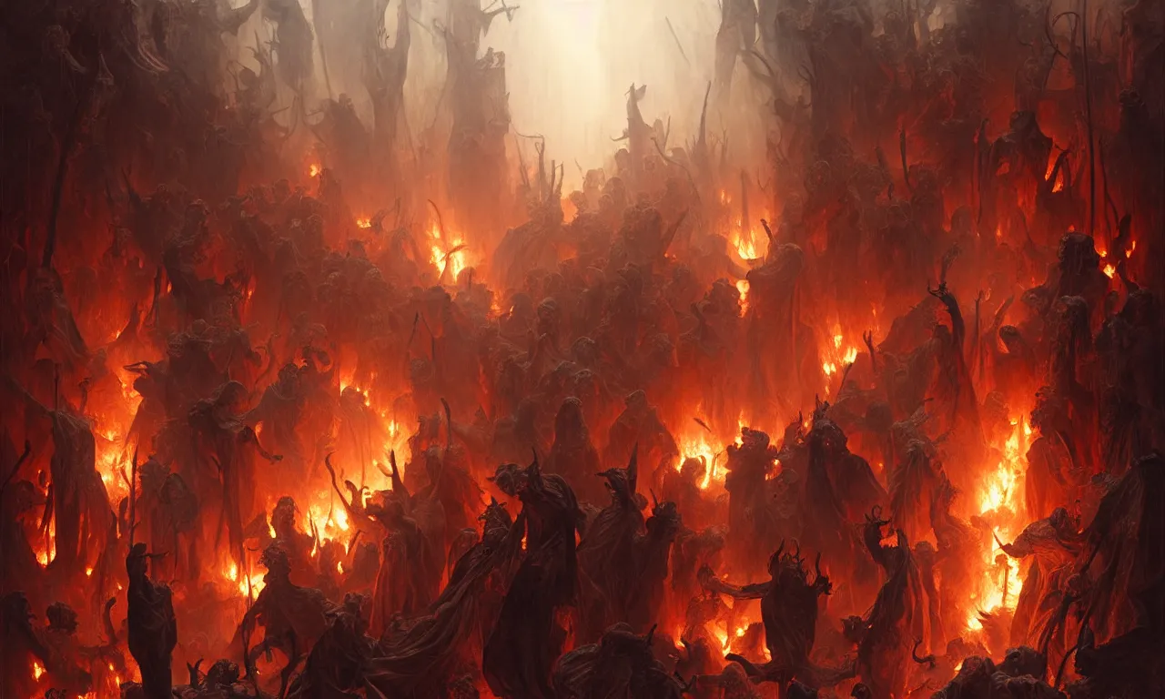 Image similar to Purgatory gate. A crowd of sinful people is burning in hell in hellfire. The gateway to the infernal underworld. Devils demons and ghouls torment sinful people, highly detailed, digital painting, artstation, concept art, smooth, sharp focus, illustration, art by artgerm and greg rutkowski and alphonse mucha