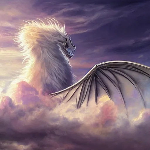 Prompt: white Luck dragon sitting on the cumulous and cirrostratus clouds, playing a large harp, never ending story, hyper realistic fur, glittering, illustration, concept art, artstation, sunset, reflections, heartwarming, peaceful, 4k, art of ILM, style of trending artstation, by Eugène Delacroix, John Constable, J M W Turner, Romanticism