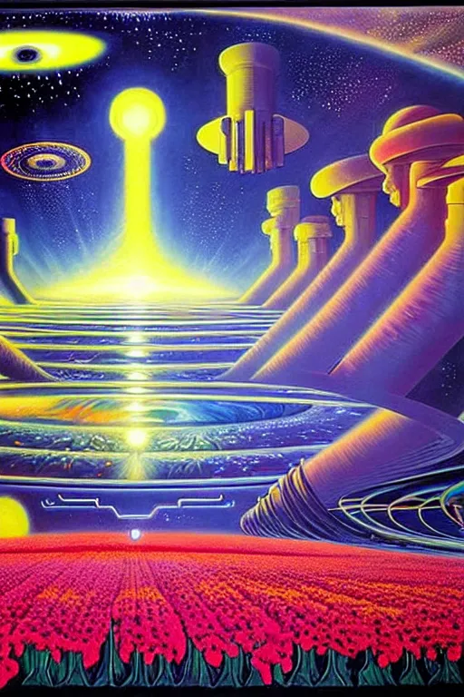 Image similar to a beautiful future for reality simulation, scientists and space flowers, utopian, by david a. hardy, wpa, public works mural, socialist