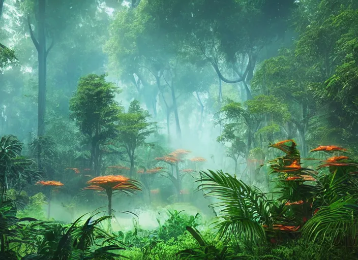 Image similar to a lush alien forest, teal sky, orange plants, birds in flight, humid alien jungle, atmospheric, exotic, unreal engine, trending on artstation