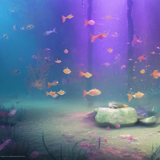 Image similar to school of fish swimming in the dreamy forest under water ,magical effect,cgsociety, 8k,hyperdetailed, artstation