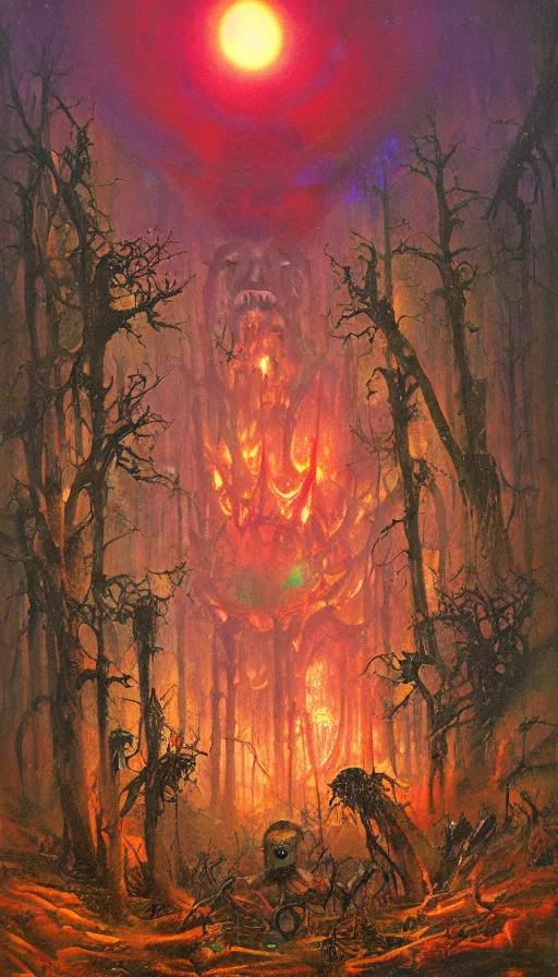 Image similar to a storm vortex made of many demonic eyes and teeth over a forest, by paul lehr,