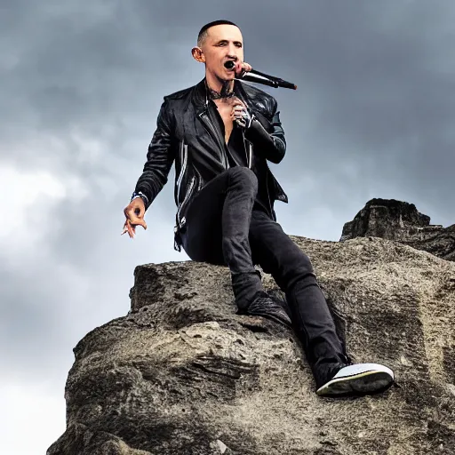 Image similar to chester bennington singing on top of a mountain