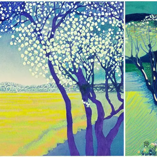 Prompt: A collage of a beautiful landscape, delicate brushstrokes. peaceful & serene, with a gentle breeze blowing through the trees & flowers. colors are muted & gentle, calm & tranquility. well balanced & harmonious. color & composition, pleasing to the eye & calming to the soul. Classical by Stanley Donwood, by Harumi Hironaka lush