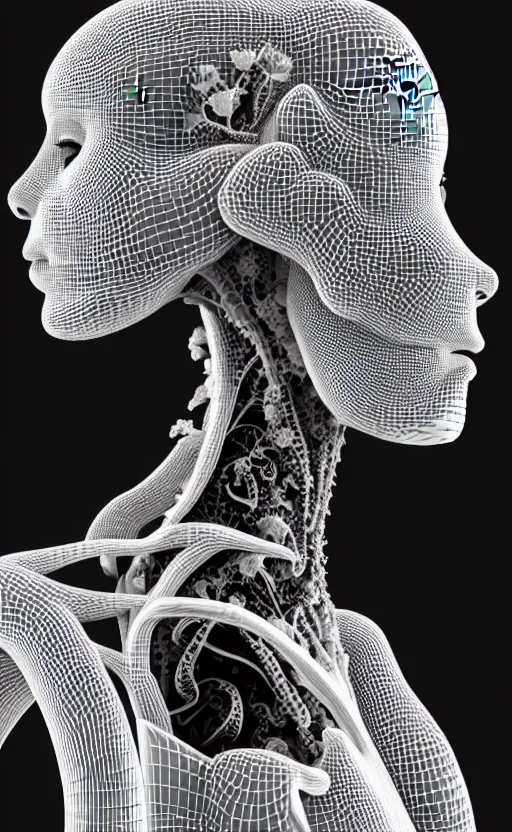 Image similar to a black and white 3D render of a beautiful profile face portrait of a female dragon-cyborg, 150 mm, flowers, Mandelbrot fractal, anatomical, flesh, facial muscles, wires, microchip, veins, arteries, full frame, microscopic, elegant, highly detailed, flesh ornate, elegant, high fashion, rim light, octane render in the style of H.R. Giger and Man Ray