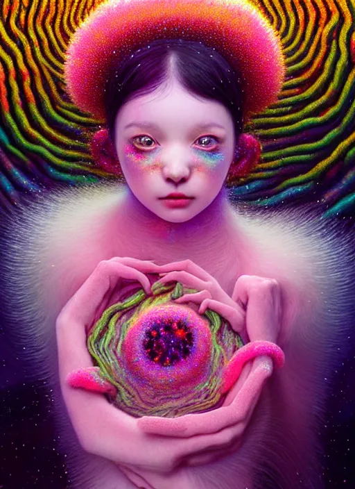 Prompt: hyper detailed 3d render like a Oil painting - kawaii portrait Aurora (black haired Singer Ferret) seen Eating of the Strangling network of yellowcake aerochrome and milky Fruit and Her delicate Hands hold of gossamer polyp blossoms bring iridescent fungal flowers whose spores black the foolish stars by Jacek Yerka, Mariusz Lewandowski, Houdini algorithmic generative render, Abstract brush strokes, Masterpiece, Edward Hopper and James Gilleard, Zdzislaw Beksinski, Mark Ryden, Wolfgang Lettl, hints of Yayoi Kasuma, octane render, 8k