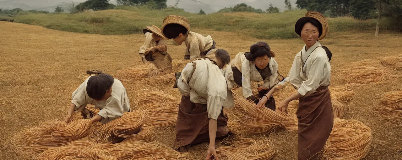 Image similar to harvesting spaghetti in rural 1 8 0 0 s japanese countryside, ultra - realistic faces, fine detail, canon 5 0 mm, in the style of ansel adams, wes anderson, kodachrome