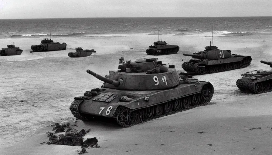 Image similar to old black and white 4 0's photos of world war 2 showing tanks with laser canons on omaha beach, hyperdetailed, artstation, cgsociety, 8 k