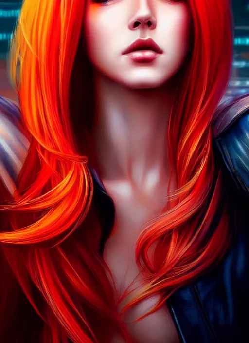 Image similar to photo of a gorgeous blonde and red ombre hair female in the style of stefan kostic, realistic, half body shot, sharp focus, 8 k high definition, insanely detailed, intricate, elegant, art by stanley lau and artgerm, cyberpunk city backgeound