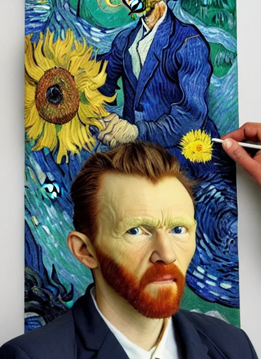 Image similar to hyper realistic vincent van gogh holding a flower drawn by chiara bautista and norman rockwell and greg rutkowski weta studio, and lucasfilm