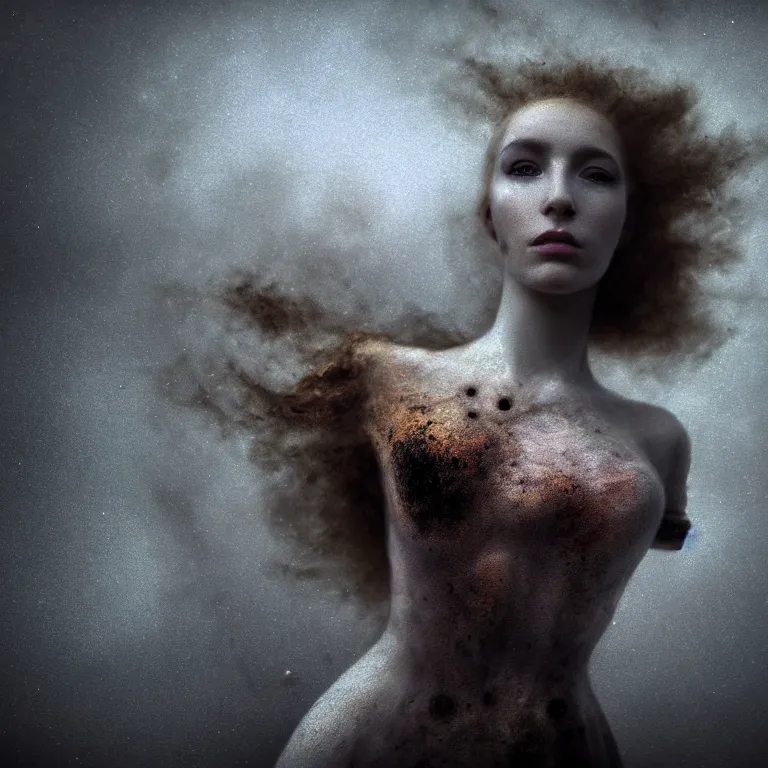 Prompt: surreal closeup portrait photo of beautiful young woman wearing spinal exoskeleton, on exoplanet, baroque painting, desolate empty wasteland, creepy, nightmare, dream-like heavy atmosphere, dark fog, surreal abandoned buildings, neoclassic, baroque painting, beautiful detailed intricate insanely detailed octane render trending on Artstation, 8K artistic photography, photorealistic, volumetric cinematic light, chiaroscuro, Raphael, Caravaggio, Beksinski, Giger, Rembrandt