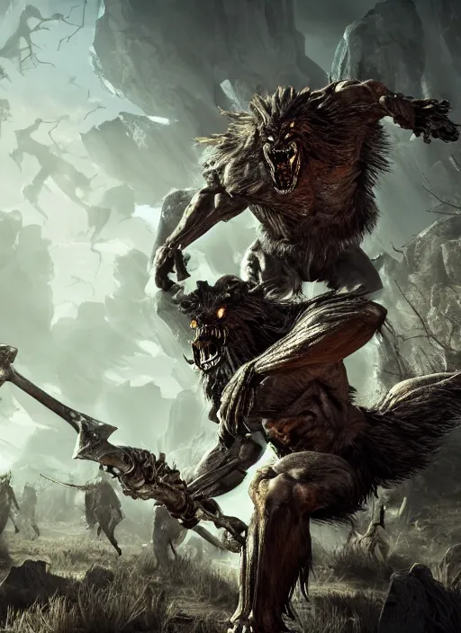 Prompt: a muscular werewolf fighting an endless army of skeletons, ultra detailed fantasy, elden ring, realistic, dnd, behance hd, artstation, global illumination radiating a glowing aura global illumination ray tracing hdr render in unreal engine 5