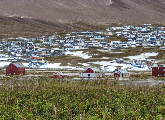 Prompt: desolate abandoned longyearbyen, taken over by nature, houses covered in vines