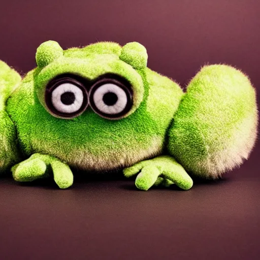 Image similar to a cute fuzzy frog plushy with large cartoon eyes, studio lighting, 4K photograph