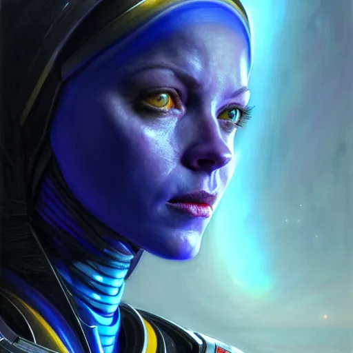 Image similar to ( ( ( ( ( hyperrealist distant portrait of tali'zorah on a blue planet where it rains colors. ) ) ) ) ) by donato giancola, fantasy, photorealistic, octane render, unreal engine, dynamic lighting, trending on artstation, poster, volumetric lighting, very detailed faces, 4 k, award winning