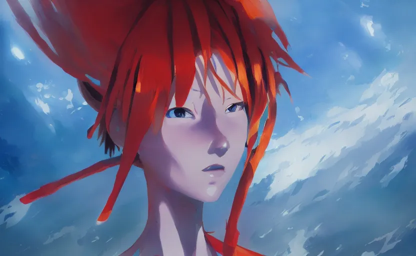 Prompt: A painting of Asuka from Evangelion trending on artstation in the style of Greg Rutkowski