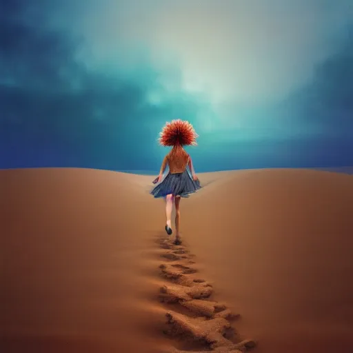 Prompt: closeup giant dahlia flower hair, girl walking between dunes, surreal photography, sunrise, blue sky, dramatic light, impressionist painting, digital painting, artstation, simon stalenhag