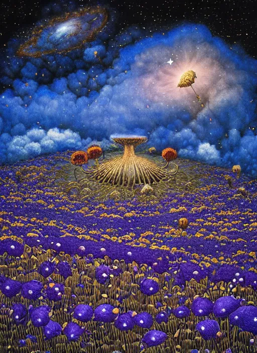 Image similar to detailed, intricate blue black and purple papaverum flower on the field, nebula, galaxy in the sky, winning award masterpiece, fantastically beautiful, illustration, aestheticly inspired, jacek yerka, upscale with anguissola sofonisba work, artstation, 8 k