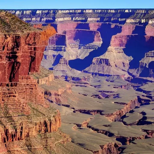 Image similar to view from a helicopter looking down into the grand canyon, photorealistic