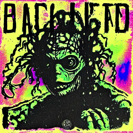 Prompt: album cover depicting the creature from the black lagoon, album cover, grunge, popping colors, in the style of Stephen Bliss