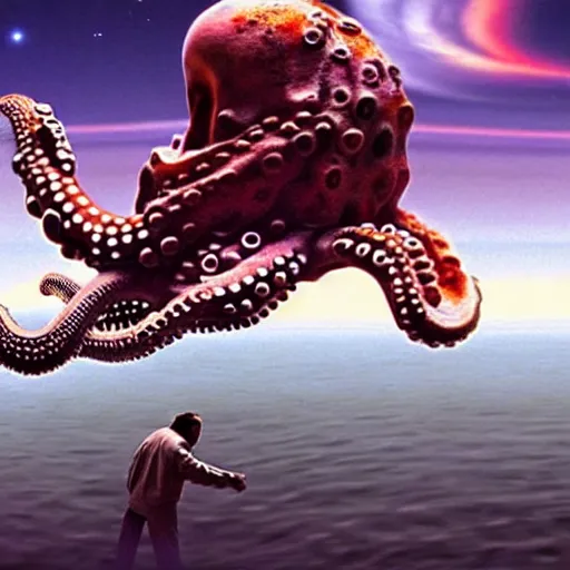 Image similar to hyperrealism photography computer simulation visualisation of detailed octopus riding on a astronaut back in the detailed ukrainian village in dramatic scene from movie the big lebowski ( 1 9 9 8 )