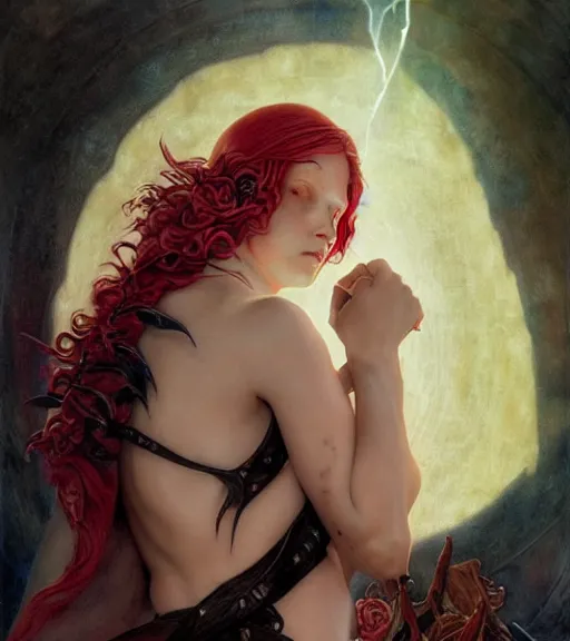 Prompt: blood rose devil nightmare of the maiden in the fortress of lies, by annie swynnerton and tino rodriguez and charlie bowater and tom bagshaw and nicholas roerich and jean delville and evelyn de morgan and lucien freud, dramatic lighting, floral tattoos, rich colors, smooth sharp focus, anime key visual, extremely detailed, adolf wolfli