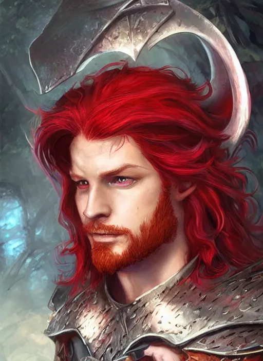 Image similar to red hair male, ultra detailed fantasy, dndbeyond, bright, colourful, realistic, dnd character portrait, full body, pathfinder, pinterest, art by ralph horsley, dnd, rpg, lotr game design fanart by concept art, behance hd, artstation, deviantart, hdr render in unreal engine 5