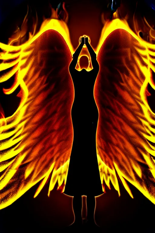 Prompt: angel with fully spread wings floating in the air surveying parched and burned forest, smoke and fire, highly intricate wings!, roots, hdr!, photorealistic,