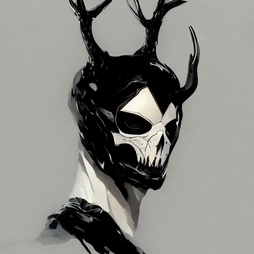 Prompt: portrait of a character wearing a black cloak, with a white mask in the shape of a deer skull, no antlers, dramatic lighting, illustration by Greg rutkowski, yoji shinkawa, 4k, digital art, concept art, trending on artstation