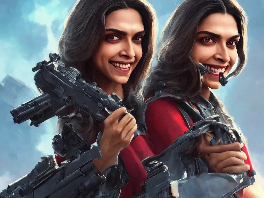 Image similar to Portrait of Deepika Padukone as Baroness in G.I, Joe, with evil smile and holding a gun, in a movie still cinematic, artstation, Greg rutkowski, detailed face, UHD 8K