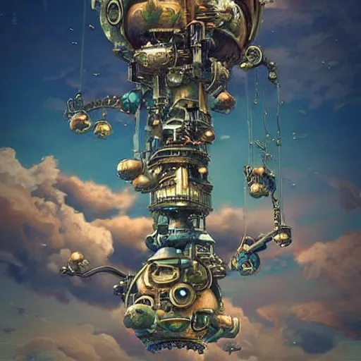 Prompt: flying city in a mechanical flower flower flower flower, sky, steampunk!!!, fantasy art, steampunk, masterpiece, octane, ghibli