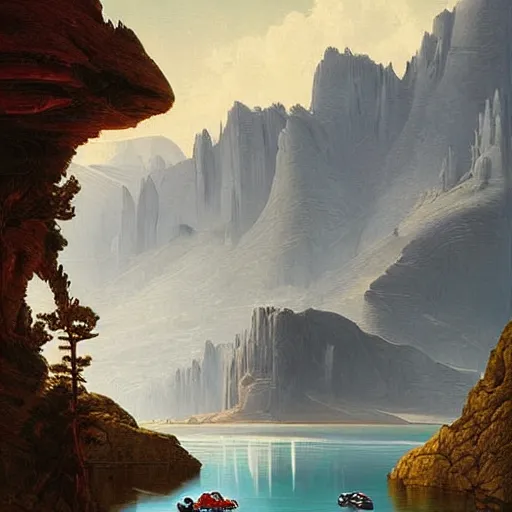 Image similar to a mountain lake landscape with futuristic vehicles in the style of Dr. Seuss, luxury, painting by Raphael Lacoste