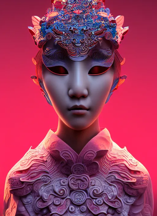 Image similar to 3 d goddess medium shot profile portrait. beautiful intricate highly detailed korean gumiho mask and traditional korean hanbok. stingray, magpie, bio luminescent, plasma, lava, ice, water, wind, creature, fog, artwork by tooth wu and wlop and beeple and greg rutkowski, 8 k trending on artstation,