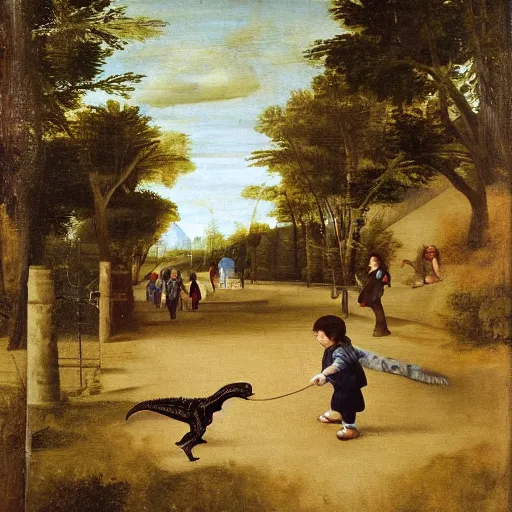 Image similar to a kid at the park walking a velociraptor with a leash, renaissance oil painting