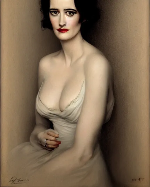 Prompt: portrait en buste of eva green vesper lynd vannessa ives by Hughes Merle, perfectly detailed eyes, realistic fabric, abundant detail