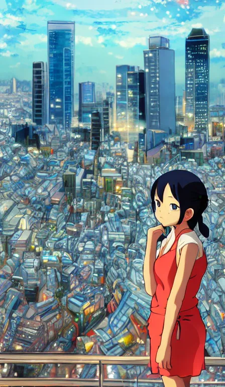 Image similar to anime fine details portrait of Makima in front of modern tokyo city landscape on the background deep bokeh, close-up view, anime masterpiece by Studio Ghibli, 8k, sharp high quality anime, artstation