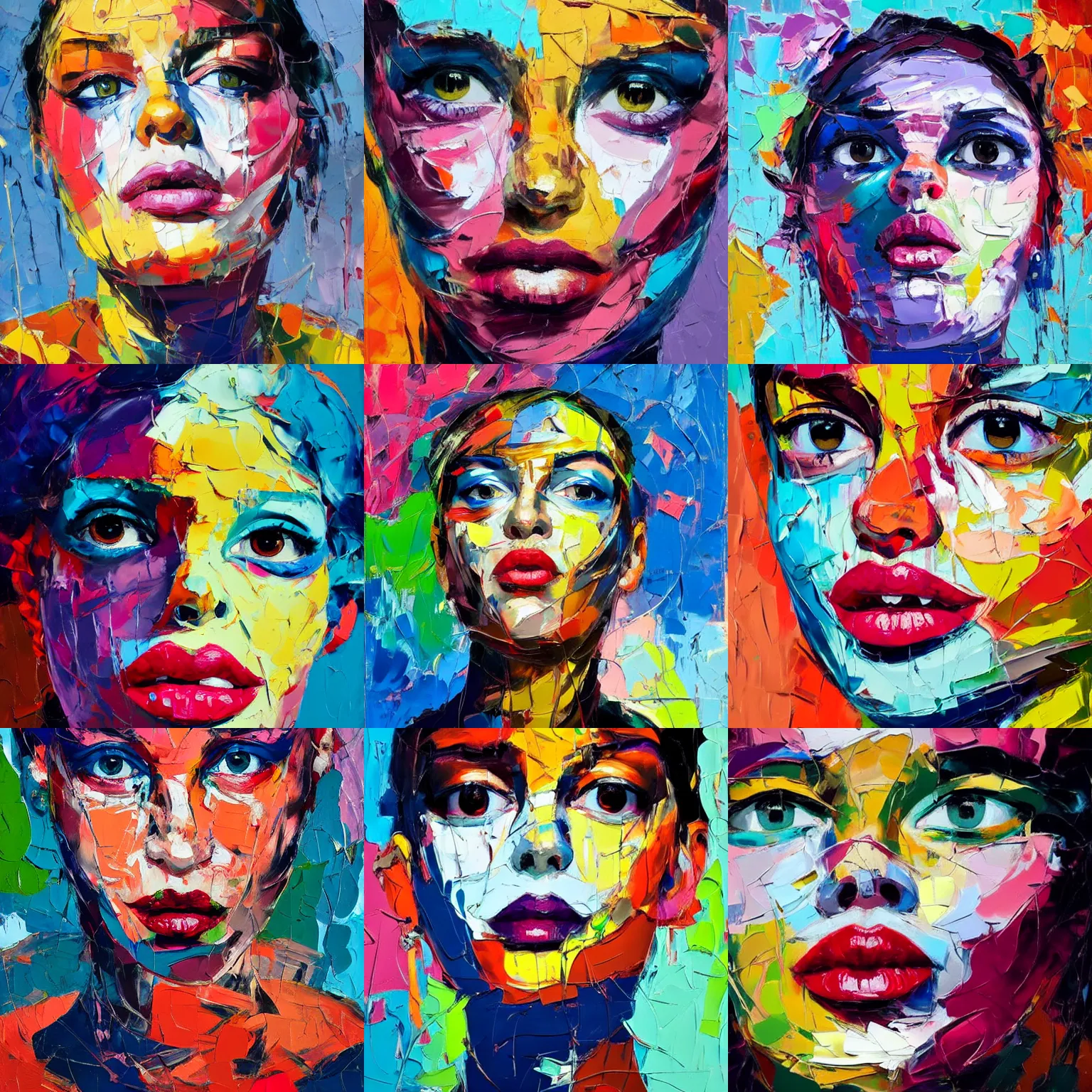 Prompt: Beautiful Woman Face Looking Up, Palette Knife Painting, Acrylic Paint, Dried Acrylic Paint, Dynamic Palette Knife Oil Paintings, Vibrant Palette Knife Portraits Radiate Raw Emotions, Full Of Expressions, Palette Knife Paintings by Francoise Nielly