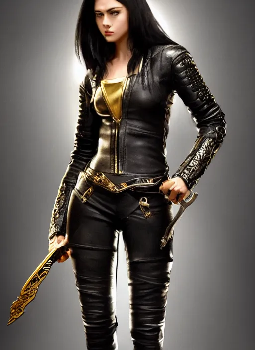 Image similar to black haired woman in a leather jacket, with a gold and silver intricate sword, action pose, movie scene, highly detailed, intricate, face enhance, long sharp intricate sword, trending on artstation, action pose